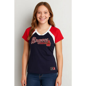 Women's Majestic Atlanta Braves Navy Red White V-Neck Jersey T-Shirt S